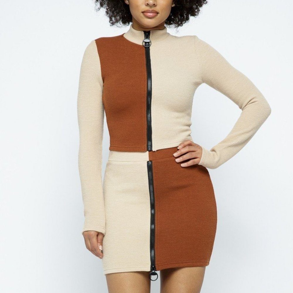 Rib Color Block Mock Neck Long Sleeve High-waist Mini Skirt With Front Zipper